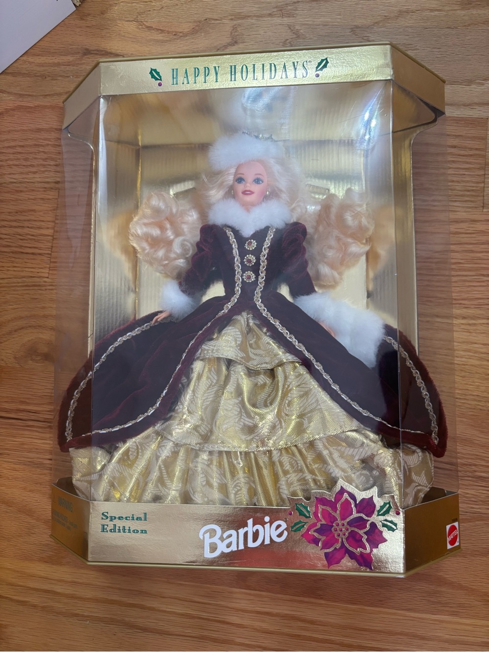 Barbie Holiday Doll in Burgundy and Gold with White Fur Trim
